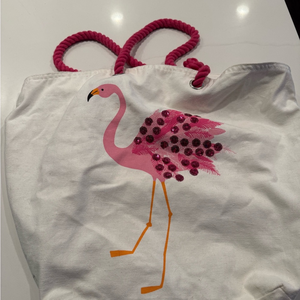 Flamingo Tote Bag with Pink Rope Handles